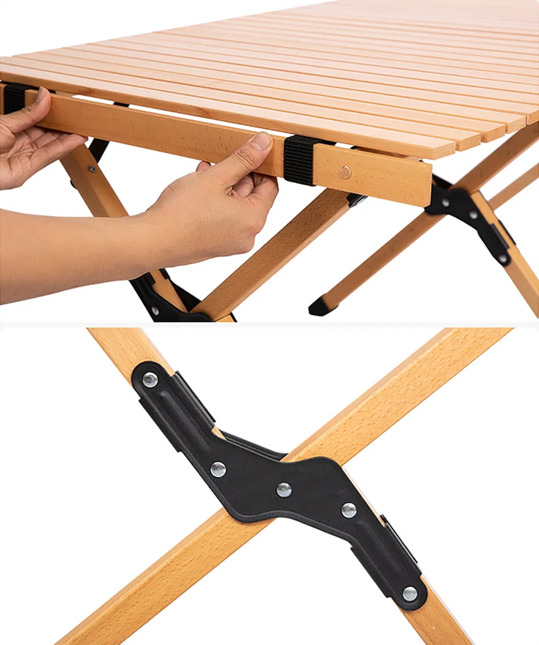 Outdoor Camping Foldable Aluminum Wooden Looking Roll up Retro Camping Picnic Table Egg Roll Folding Table